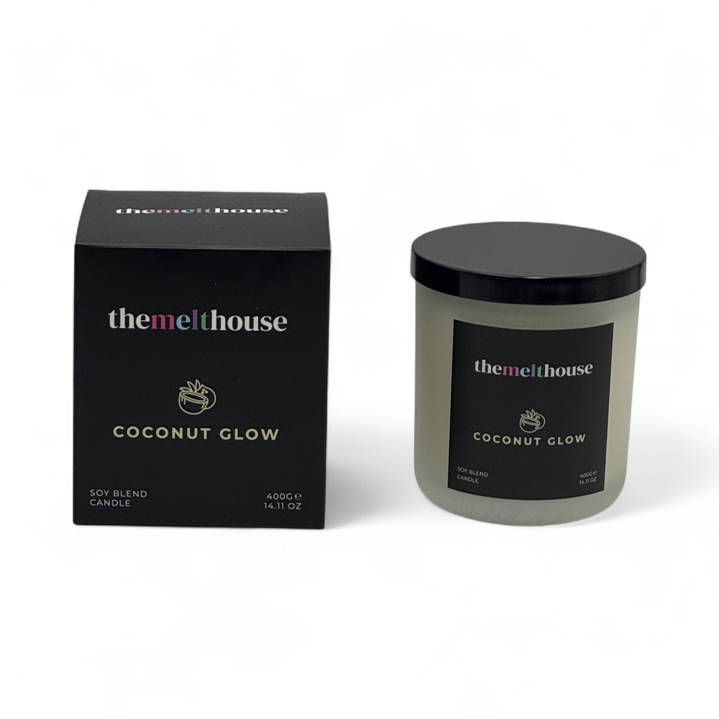 The Melthouse coconut glow candle and packaging on a white background