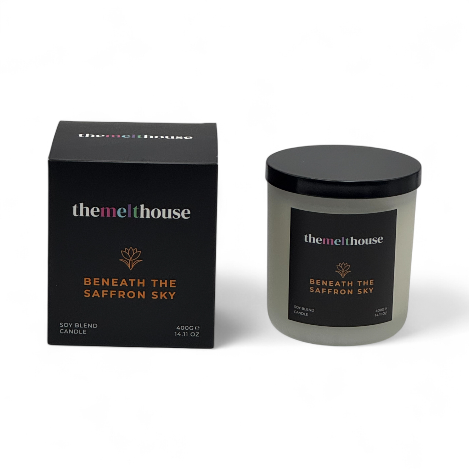 Beneath the saffron sky The Melthouse candle and packaging on a white background
