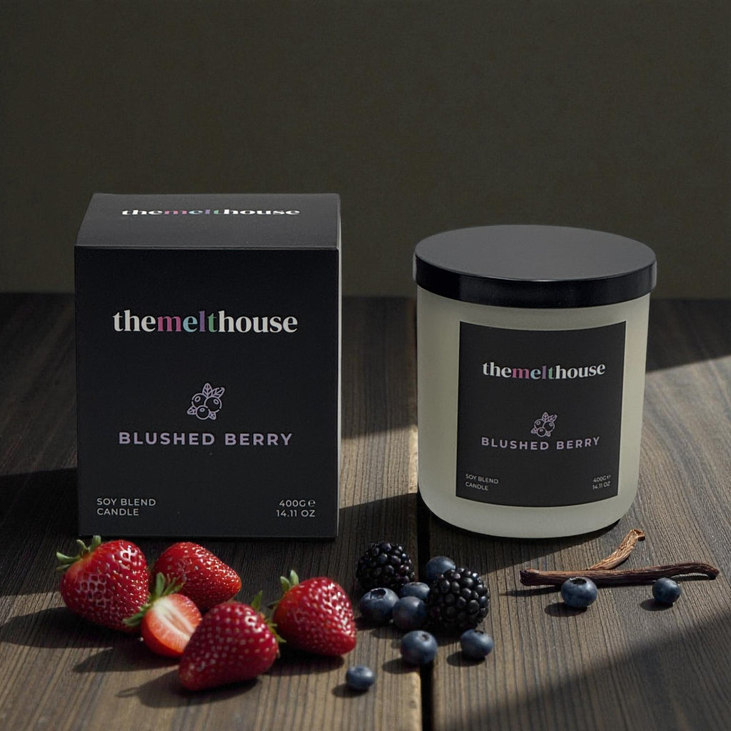 The Melthouse Blushed Berry candle and packaging on a wooden surface with berries and vanilla beans.