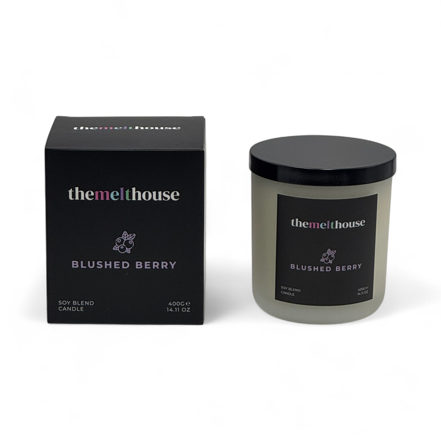 The Melthouse Blushed Berry candle and packaging on a white background