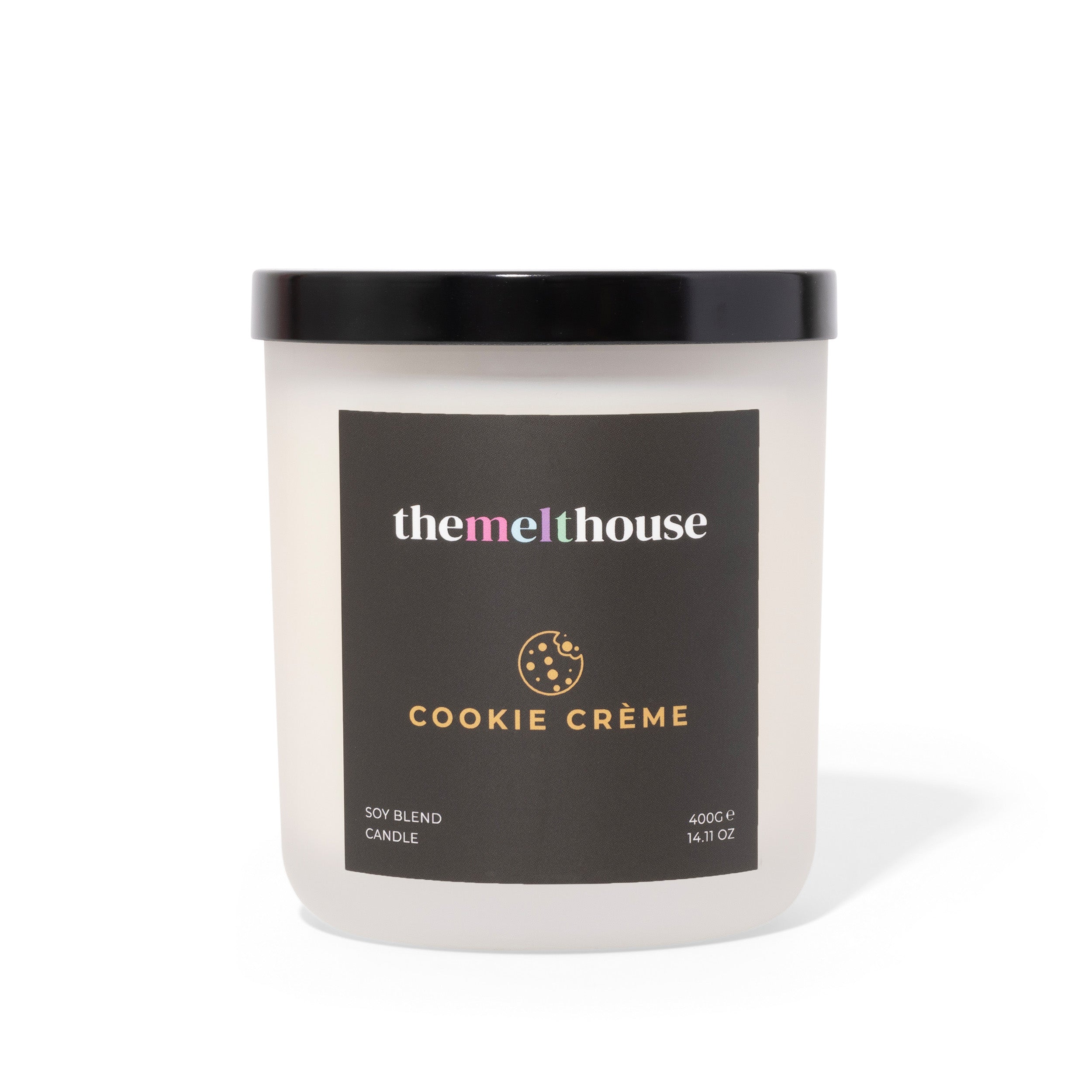 Candle with 'themelthouse' branding and 'Cookie Crème' flavor on a white background