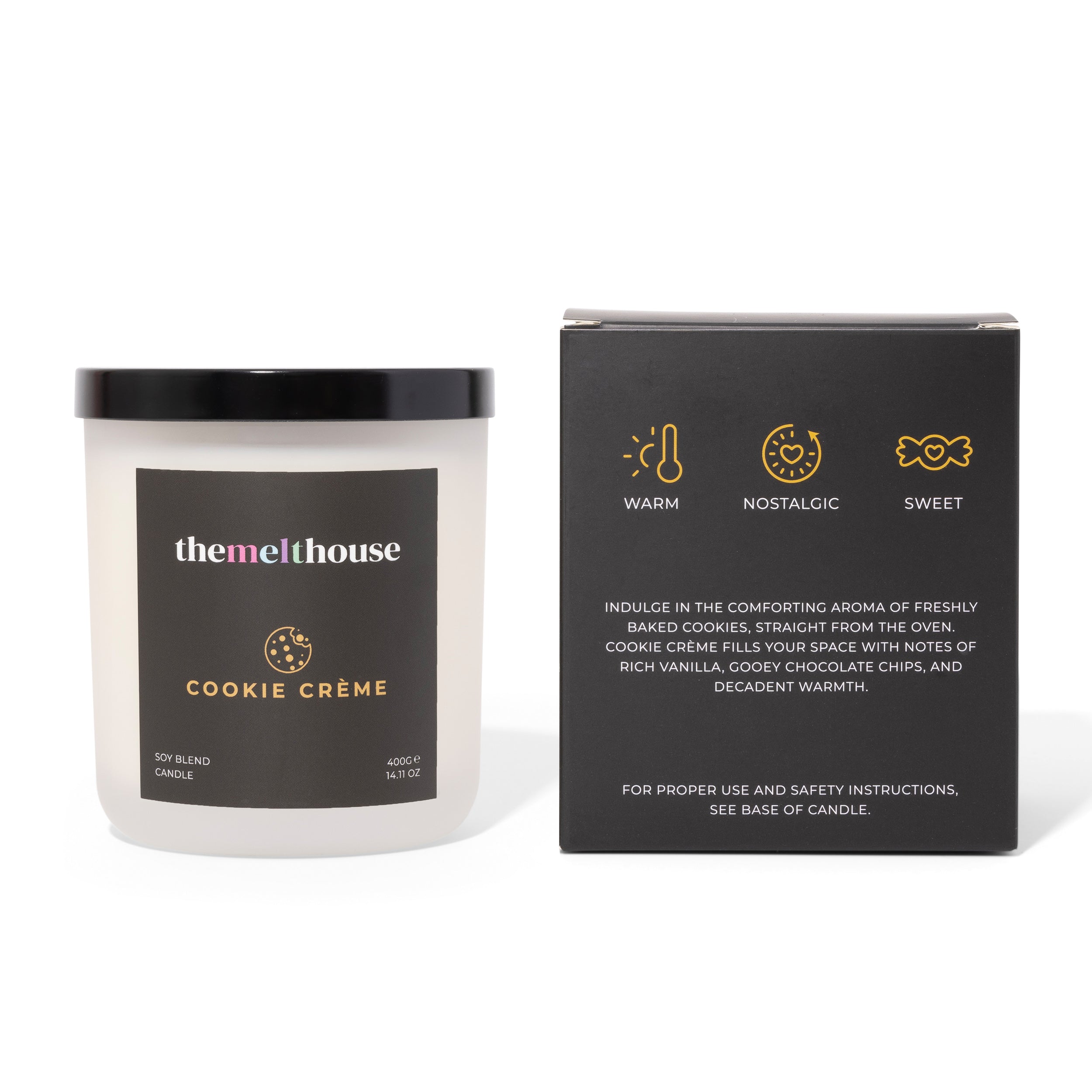Melthouse Cookie Crème candle with packaging on a white background
