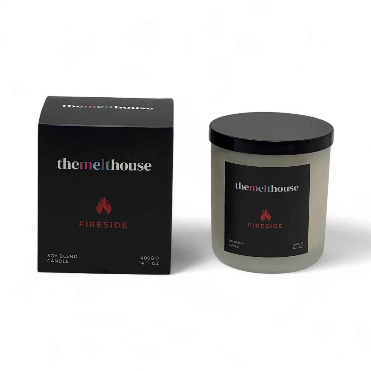 The Melthouse Fireside candle and packaging on a white background