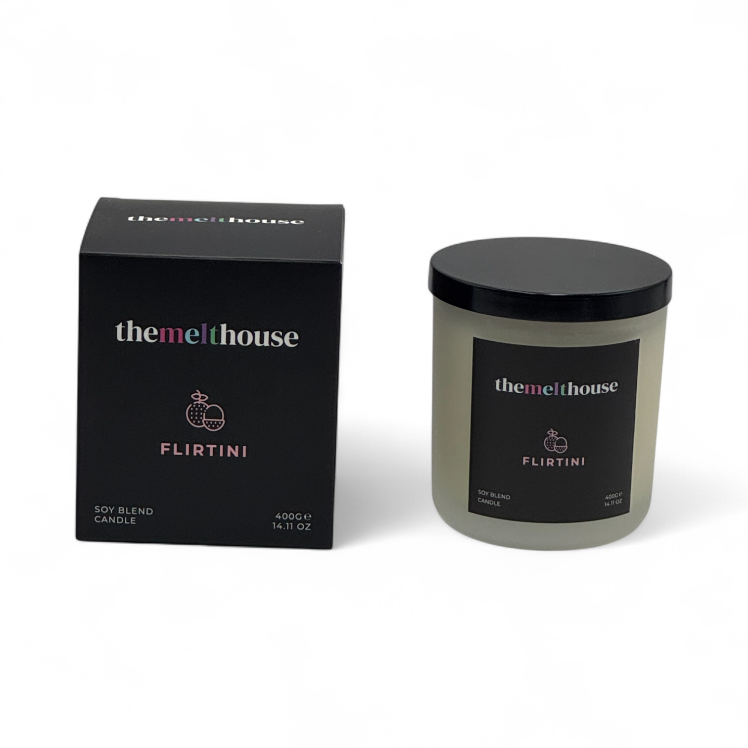 Flirtini The Melthouse candle with packaging on a white background
