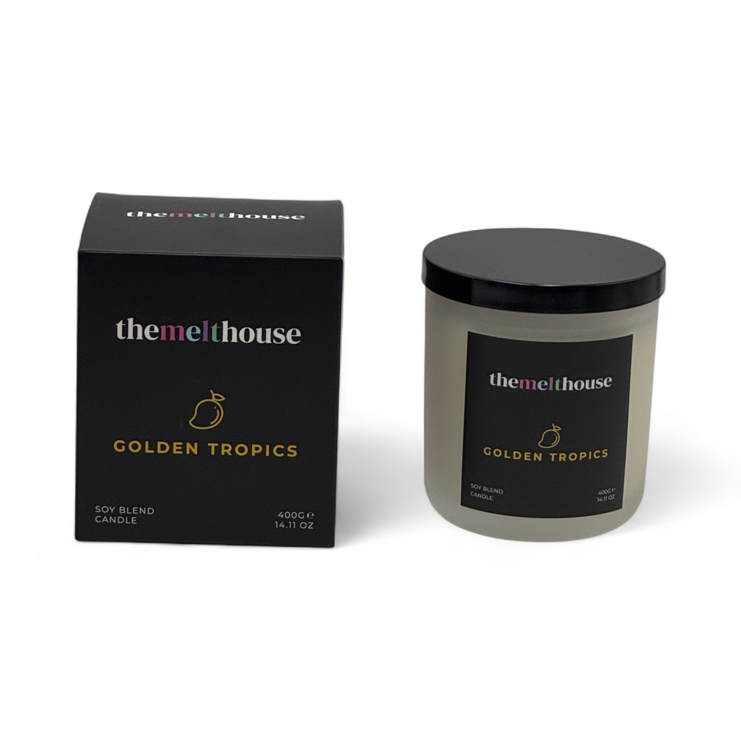 The Melthouse Golden Tropics candle and packaging on a white background