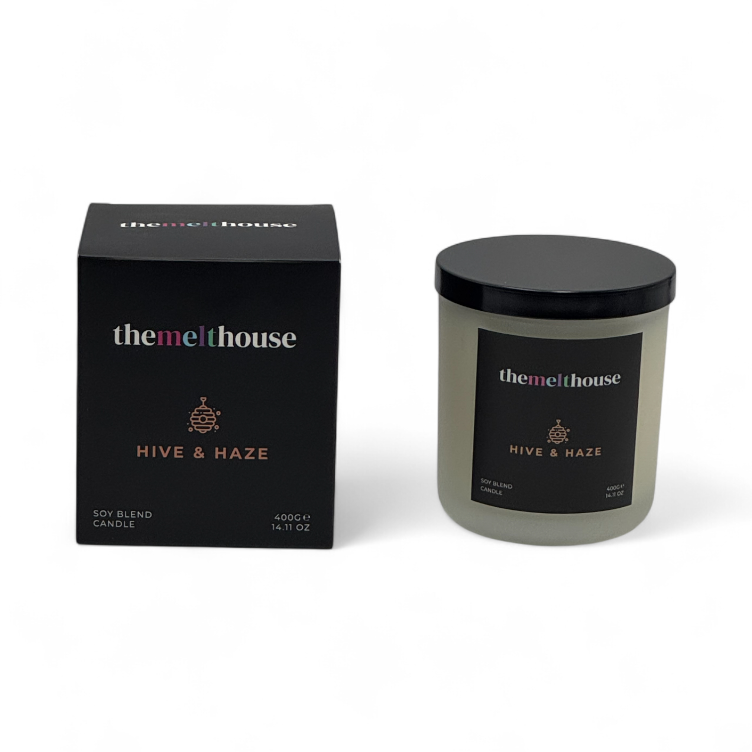 Themelthouse Hive & Haze candle and packaging on a white background