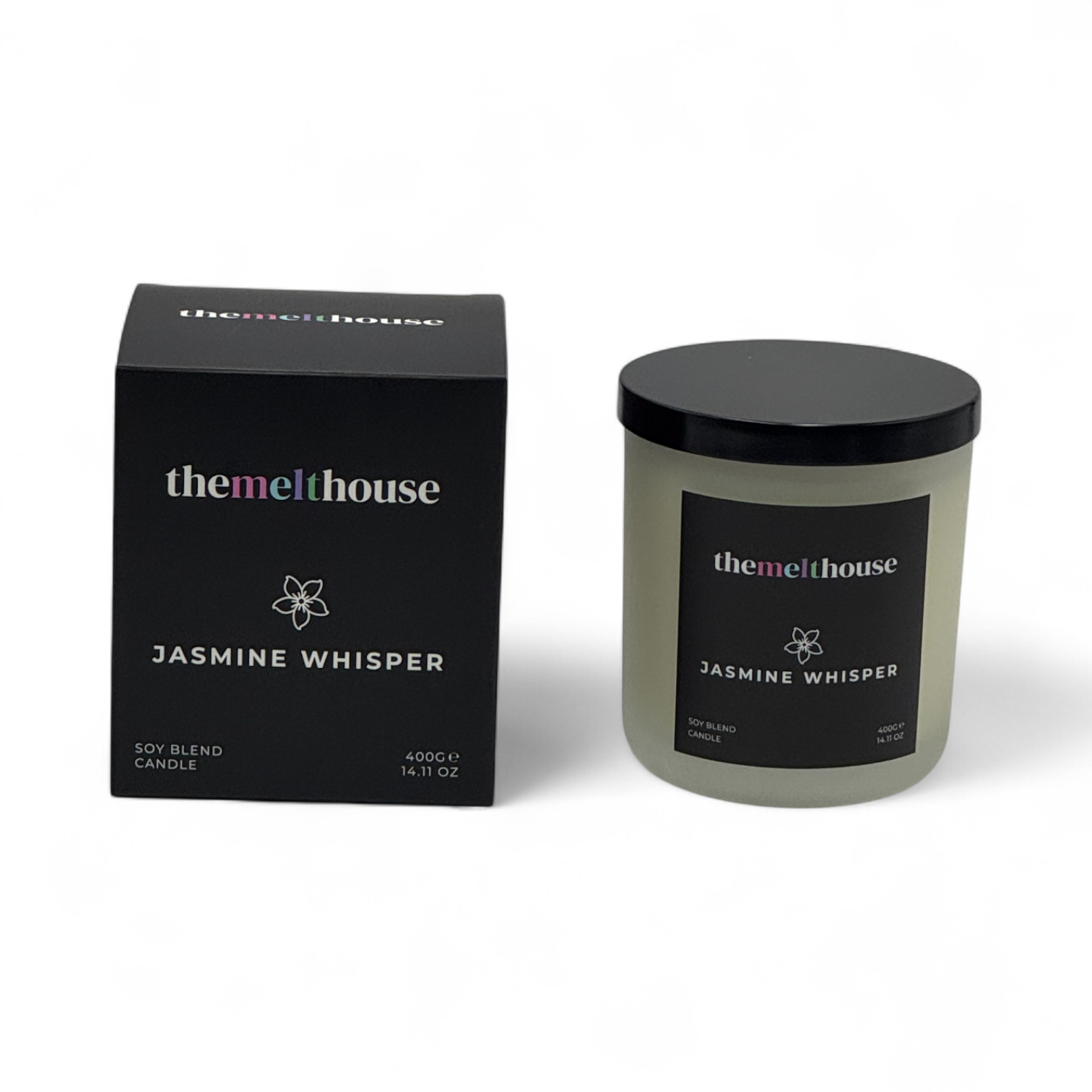 The Melthouse Jasmine Whisper candle and packaging on a white background