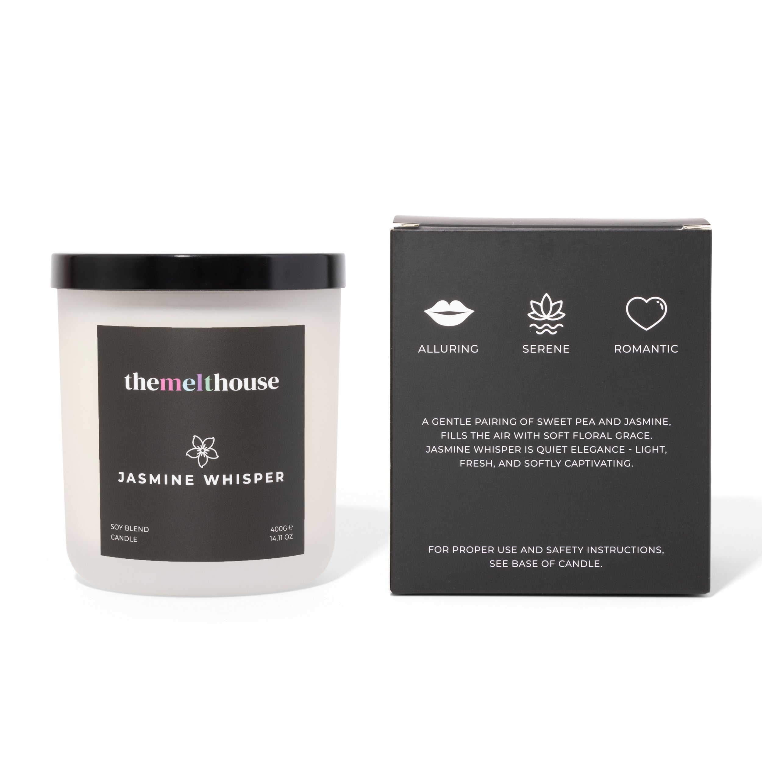 Candle labeled 'Jasmine Whisper' by themelthouse with packaging on a white background