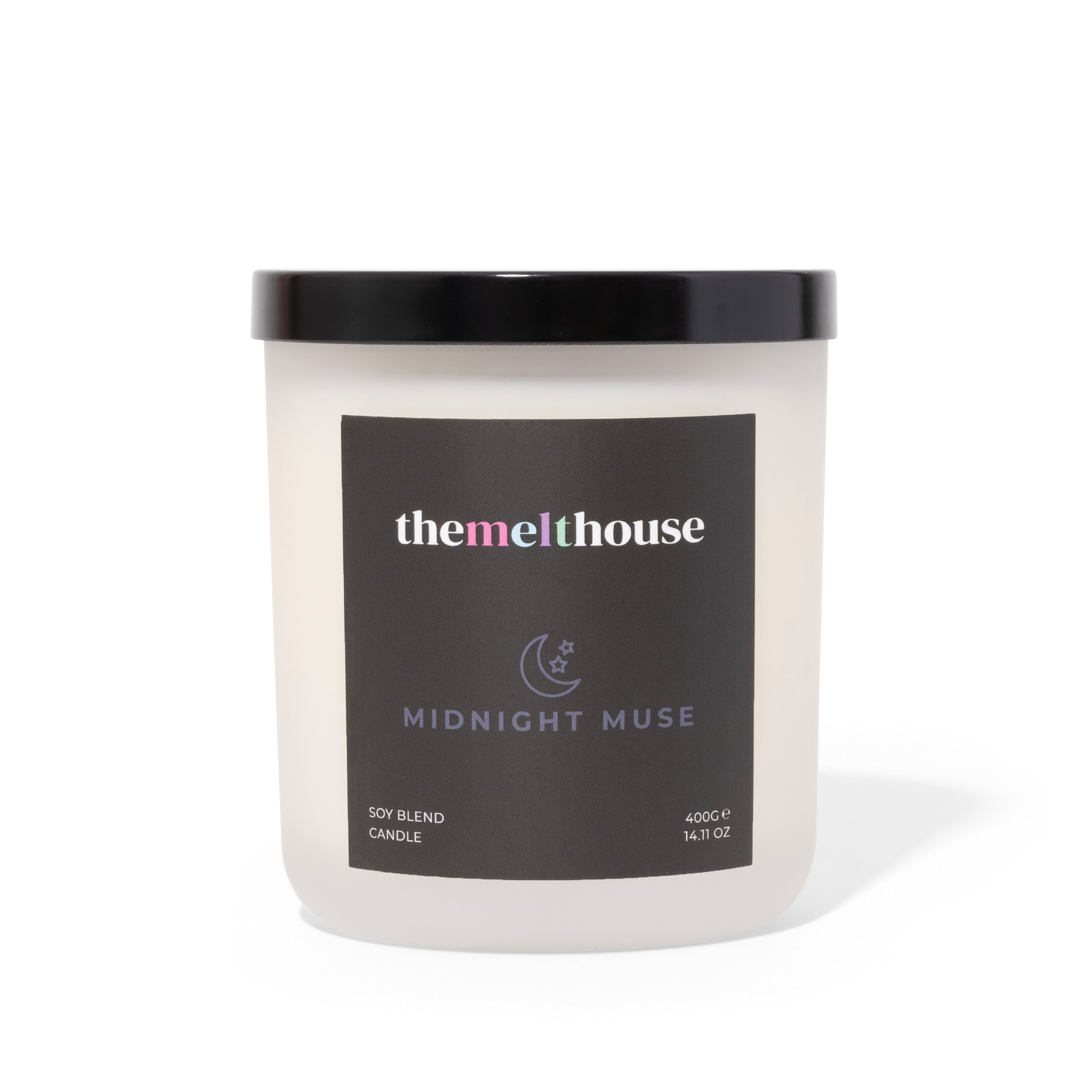 Candle with 'themelthouse' label on a white background