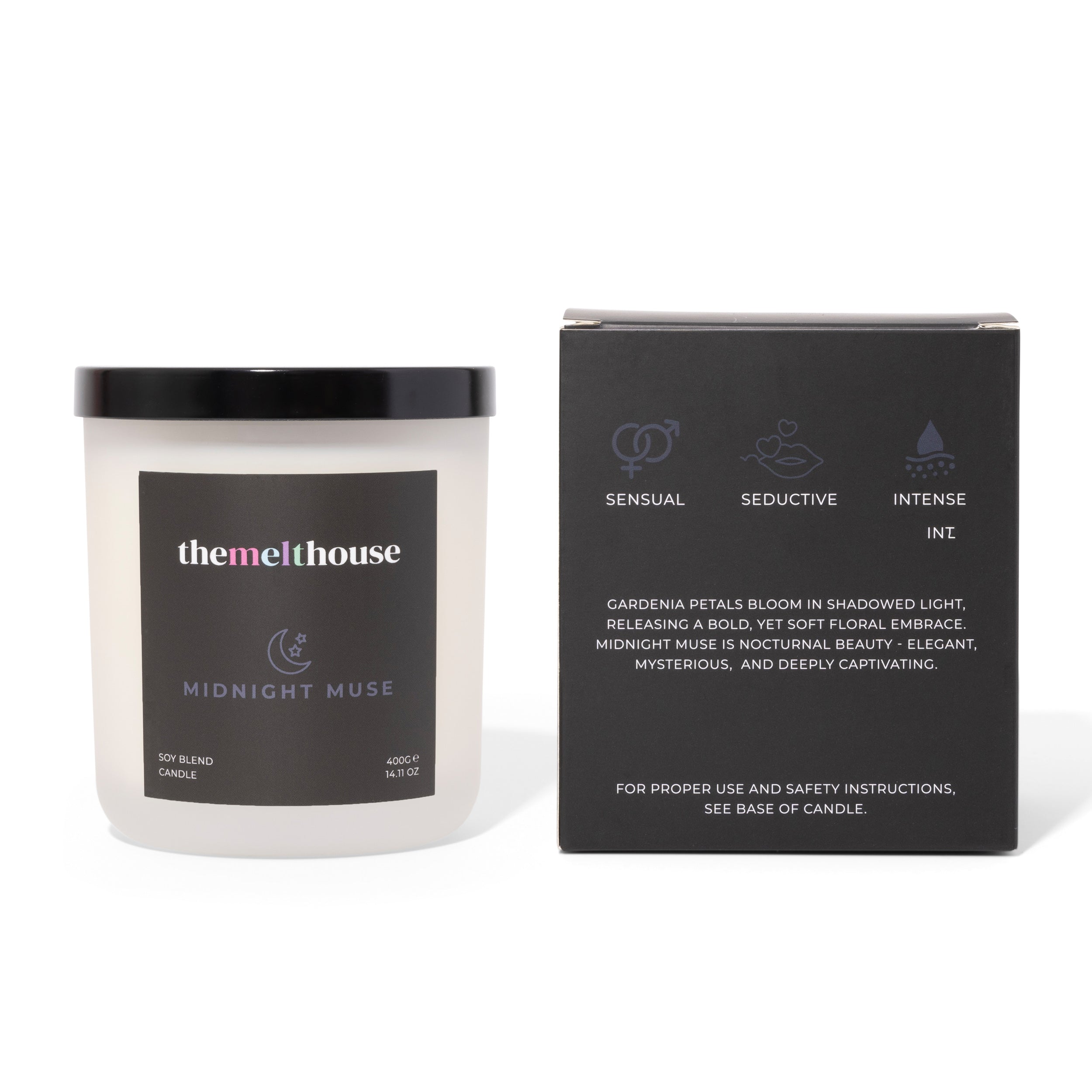 Candle labeled 'themelthouse Midnight Muse' with its packaging on a white background